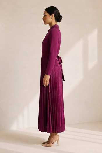 Crimp Wine Polyester High Neck Pearl Embellished Pleated Dress With Belt Online at Aza Fashions Crimp_Wine Polyester High Neck Pearl Embellished Pleated Dress With Belt _Online_at_Aza_Fashions