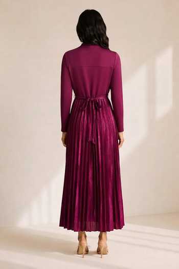 Crimp Pearl Embellished Pleated Dress With Belt 