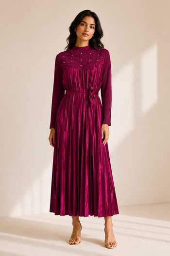 Crimp Pearl Embellished Pleated Dress With Belt 