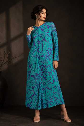 Crimp Pleated Abstract Print Dress 