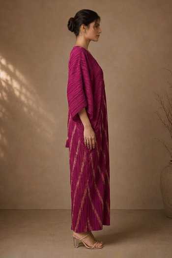 Crimp Gold Polyester V-neck Pleated Diagonal Metallic Stripe Kaftan Online at Aza Fashions Crimp_Gold Polyester V-neck Pleated Diagonal Metallic Stripe Kaftan _Online_at_Aza_Fashions