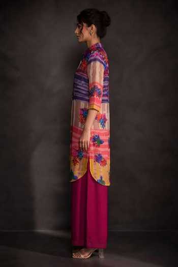 Crimp Pink Polyester Mandarin Collar Printed Kurta And Palazzo Set Online at Aza Fashions Crimp_Pink Polyester Mandarin Collar Printed Kurta And Palazzo Set _Online_at_Aza_Fashions