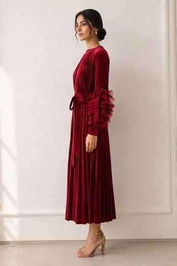Crimp Wine Polyester Round Neck Pleated Midi Dress Online at Aza Fashions Crimp_Wine Polyester Round Neck Pleated Midi Dress _Online_at_Aza_Fashions