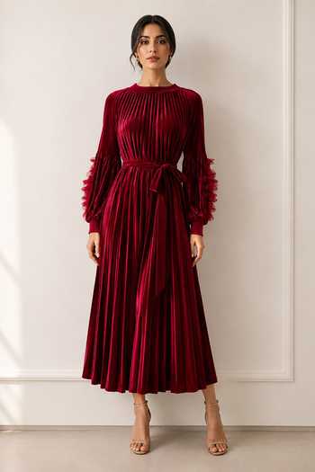 Crimp Pleated Polyester Midi Dress 