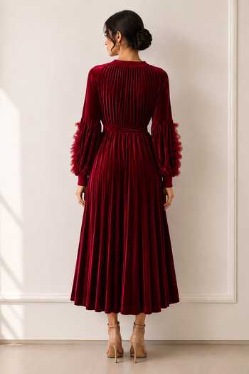 Crimp Pleated Polyester Midi Dress 