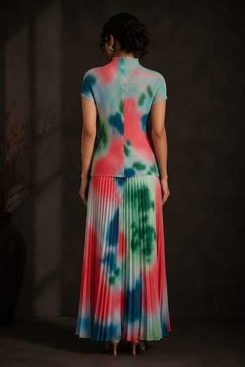 Crimp Textured Tie-Dye Polyester Top & Skirt Set 