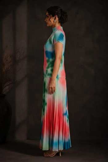Crimp Multi Color Polyester High Neck Textured Tie-dye Top And Skirt Set Online at Aza Fashions Crimp_Multi Color Polyester High Neck Textured Tie-dye Top And Skirt Set _Online_at_Aza_Fashions