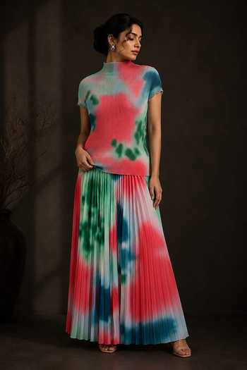 Crimp Textured Tie-Dye Polyester Top & Skirt Set 