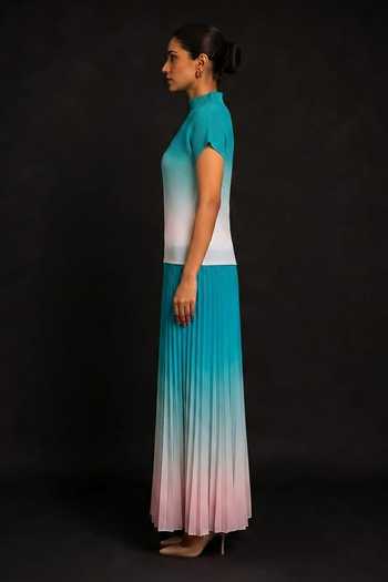 Crimp Teal Polyester High Neck Textured Ombre Pleated Top And Skirt Set Online at Aza Fashions Crimp_Teal Polyester High Neck Textured Ombre Pleated Top And Skirt Set _Online_at_Aza_Fashions