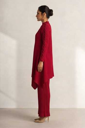 Crimp Red Polyester High Neck Pleated Tunic And Pant Set Online at Aza Fashions Crimp_Red Polyester High Neck Pleated Tunic And Pant Set _Online_at_Aza_Fashions