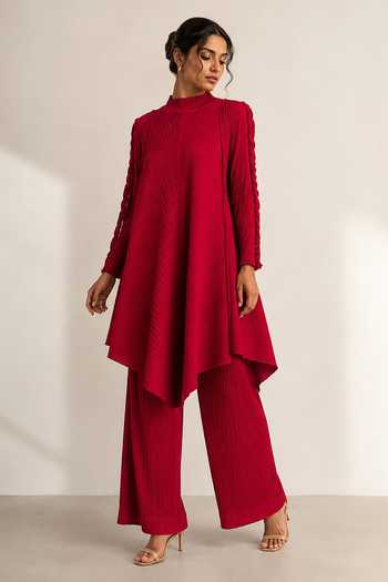 Crimp Pleated Polyester Tunic & Pant Set 