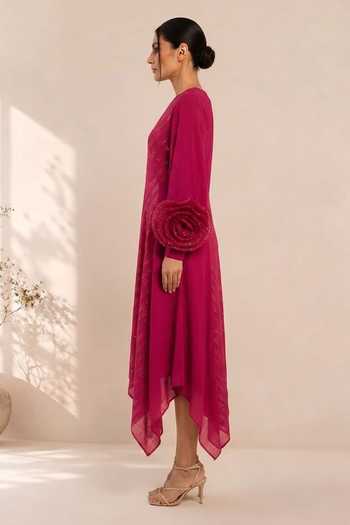 Crimp Pink Polyester V-neck Pleated Asymmetric Dress Online at Aza Fashions Crimp_Pink Polyester V-neck Pleated Asymmetric Dress _Online_at_Aza_Fashions