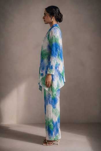 Crimp Blue Polyester Mandarin Collar, Yes Abstract Print Pleated Kurta And Pant Set Online at Aza Fashions Crimp_Blue Polyester Mandarin Collar, Yes Abstract Print Pleated Kurta And Pant Set _Online_at_Aza_Fashions