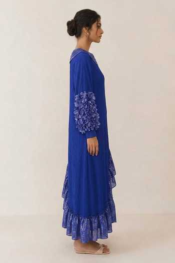Crimp Blue Polyester Split V-neck Ruffle Maxi Dress Online at Aza Fashions Crimp_Blue Polyester Split V-neck Ruffle Maxi Dress _Online_at_Aza_Fashions