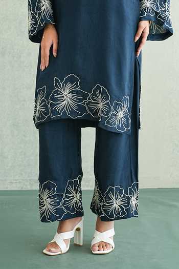 Shop Masoomm Navy Shantoon V-neck, Yes Floral Embroidered Kurta And Pant Set Online at Aza Fashions Shop_Masoomm_Navy Shantoon V-neck, Yes Floral Embroidered Kurta And Pant Set _Online_at_Aza_Fashions