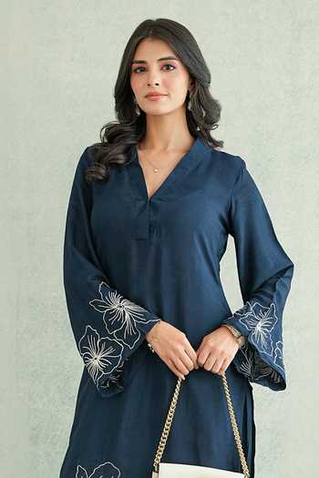 Buy Masoomm Navy Shantoon V-neck, Yes Floral Embroidered Kurta And Pant Set Buy_Masoomm_Navy Shantoon V-neck, Yes Floral Embroidered Kurta And Pant Set