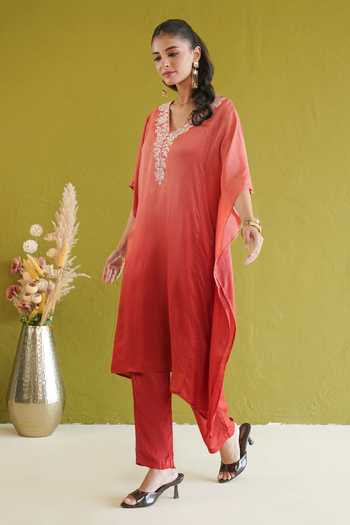 Buy Masoomm Coral Shantoon V-neck Embroidered Kaftan And Pant Set Online at Aza Fashions Buy_Masoomm_Coral Shantoon V-neck Embroidered Kaftan And Pant Set _Online_at_Aza_Fashions