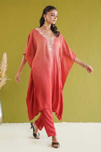 Shop Masoomm Coral Shantoon V-neck Embroidered Kaftan And Pant Set Online at Aza Fashions Shop_Masoomm_Coral Shantoon V-neck Embroidered Kaftan And Pant Set _Online_at_Aza_Fashions