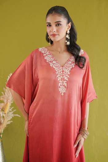 Masoomm Coral Shantoon V-neck Embroidered Kaftan And Pant Set at Aza Fashions Masoomm_Coral Shantoon V-neck Embroidered Kaftan And Pant Set _at_Aza_Fashions