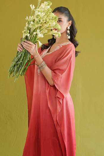 Buy Masoomm Coral Shantoon V-neck Embroidered Kaftan And Pant Set Buy_Masoomm_Coral Shantoon V-neck Embroidered Kaftan And Pant Set