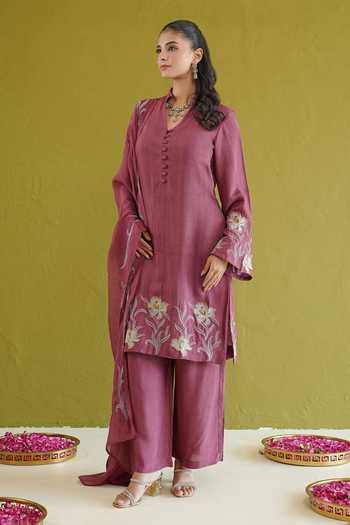 Buy Masoomm Purple Organza Mandarin Collar, V-neck Embroidered Straight Kurta Set Online at Aza Fashions Buy_Masoomm_Purple Organza Mandarin Collar, V-neck Embroidered Straight Kurta Set _Online_at_Aza_Fashions