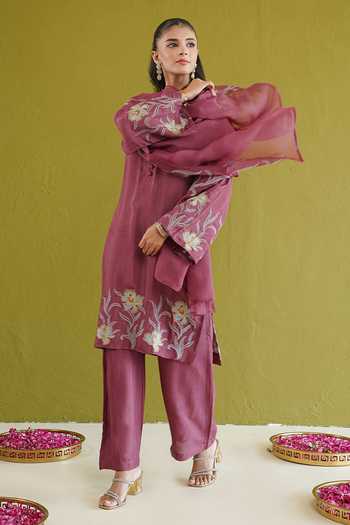 Masoomm Purple Organza Mandarin Collar, V-neck Embroidered Straight Kurta Set at Aza Fashions Masoomm_Purple Organza Mandarin Collar, V-neck Embroidered Straight Kurta Set _at_Aza_Fashions