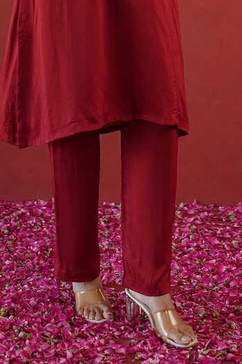 Buy_Masoomm_Red Shantoon Round Neck Embroidered Straight Kurta And Pant Set _Online_at_Aza_Fashions