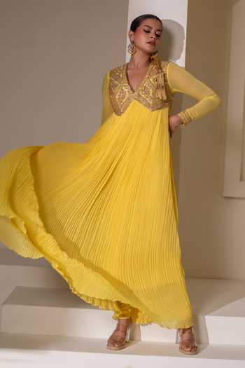 Rasasvada Yellow Silk, Georgette, Dupion V-neck Neckline Embellished Anarkali Online at Aza Fashions Rasasvada_Yellow Silk, Georgette, Dupion V-neck Neckline Embellished Anarkali _Online_at_Aza_Fashions