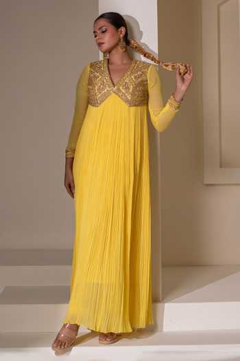 Buy Rasasvada Yellow Silk, Georgette, Dupion V-neck Neckline Embellished Anarkali Online at Aza Fashions Buy_Rasasvada_Yellow Silk, Georgette, Dupion V-neck Neckline Embellished Anarkali _Online_at_Aza_Fashions