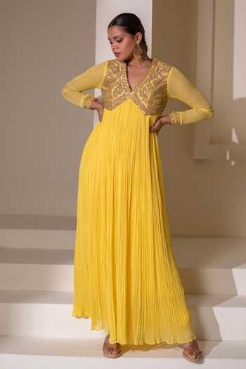 Shop Rasasvada Yellow Silk, Georgette, Dupion V-neck Neckline Embellished Anarkali Online at Aza Fashions Shop_Rasasvada_Yellow Silk, Georgette, Dupion V-neck Neckline Embellished Anarkali _Online_at_Aza_Fashions