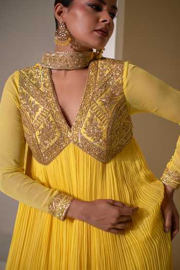 Rasasvada Yellow Silk, Georgette, Dupion V-neck Neckline Embellished Anarkali at Aza Fashions Rasasvada_Yellow Silk, Georgette, Dupion V-neck Neckline Embellished Anarkali _at_Aza_Fashions