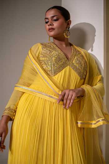 Buy Rasasvada Yellow Silk, Georgette, Dupion V-neck Neckline Embellished Anarkali Buy_Rasasvada_Yellow Silk, Georgette, Dupion V-neck Neckline Embellished Anarkali