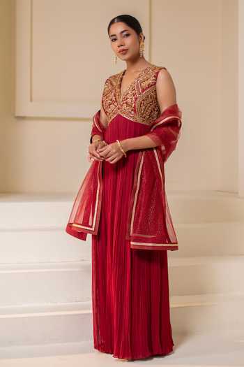 Rasasvada Maroon Silk, Georgette, Dupion V-neck Placement Embellished Anarkali Online at Aza Fashions Rasasvada_Maroon Silk, Georgette, Dupion V-neck Placement Embellished Anarkali _Online_at_Aza_Fashions