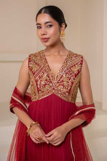 Buy Rasasvada Maroon Silk, Georgette, Dupion V-neck Placement Embellished Anarkali Online at Aza Fashions Buy_Rasasvada_Maroon Silk, Georgette, Dupion V-neck Placement Embellished Anarkali _Online_at_Aza_Fashions