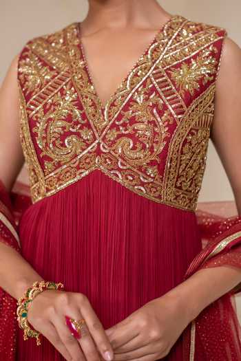 Shop Rasasvada Maroon Silk, Georgette, Dupion V-neck Placement Embellished Anarkali Online at Aza Fashions Shop_Rasasvada_Maroon Silk, Georgette, Dupion V-neck Placement Embellished Anarkali _Online_at_Aza_Fashions
