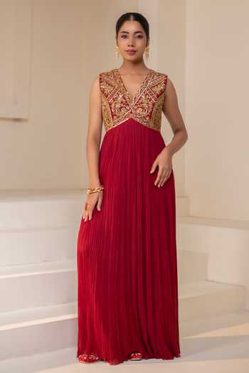 Rasasvada Maroon Silk, Georgette, Dupion V-neck Placement Embellished Anarkali at Aza Fashions Rasasvada_Maroon Silk, Georgette, Dupion V-neck Placement Embellished Anarkali _at_Aza_Fashions