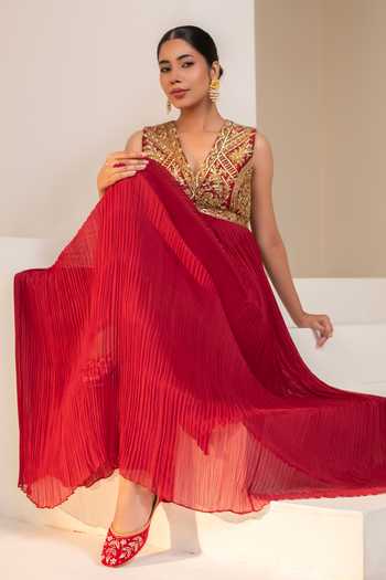 Buy Rasasvada Maroon Silk, Georgette, Dupion V-neck Placement Embellished Anarkali Buy_Rasasvada_Maroon Silk, Georgette, Dupion V-neck Placement Embellished Anarkali