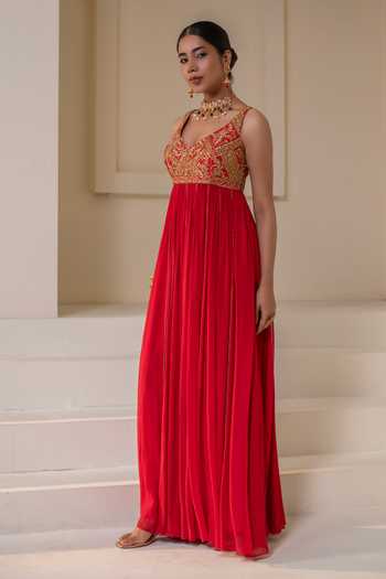 Rasasvada Red Silk, Georgette, Dupion V-neck Zari Work Anarkali Online at Aza Fashions Rasasvada_Red Silk, Georgette, Dupion V-neck Zari Work Anarkali _Online_at_Aza_Fashions