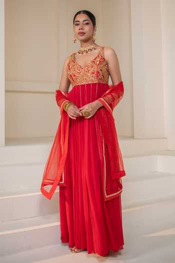 Shop Rasasvada Red Silk, Georgette, Dupion V-neck Zari Work Anarkali Online at Aza Fashions Shop_Rasasvada_Red Silk, Georgette, Dupion V-neck Zari Work Anarkali _Online_at_Aza_Fashions