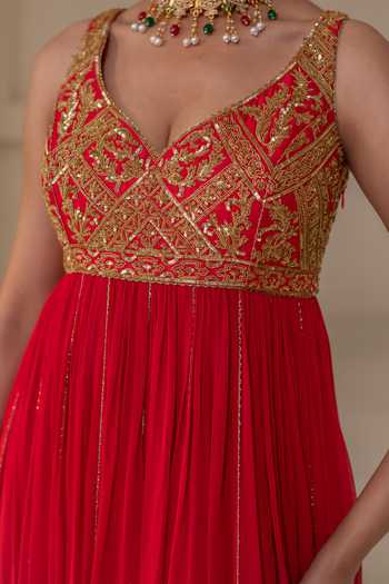 Rasasvada Red Silk, Georgette, Dupion V-neck Zari Work Anarkali at Aza Fashions Rasasvada_Red Silk, Georgette, Dupion V-neck Zari Work Anarkali _at_Aza_Fashions