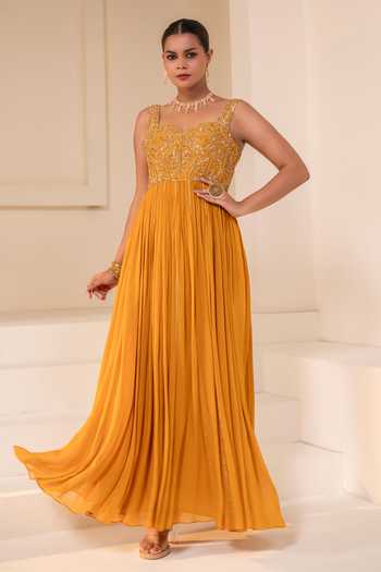 Rasasvada Yellow Silk, Georgette, Dupion Sweetheart Neck Sequin Yoke Embellished Anarkali Online at Aza Fashions Rasasvada_Yellow Silk, Georgette, Dupion Sweetheart Neck Sequin Yoke Embellished Anarkali _Online_at_Aza_Fashions