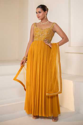 Buy Rasasvada Yellow Silk, Georgette, Dupion Sweetheart Neck Sequin Yoke Embellished Anarkali Online at Aza Fashions Buy_Rasasvada_Yellow Silk, Georgette, Dupion Sweetheart Neck Sequin Yoke Embellished Anarkali _Online_at_Aza_Fashions