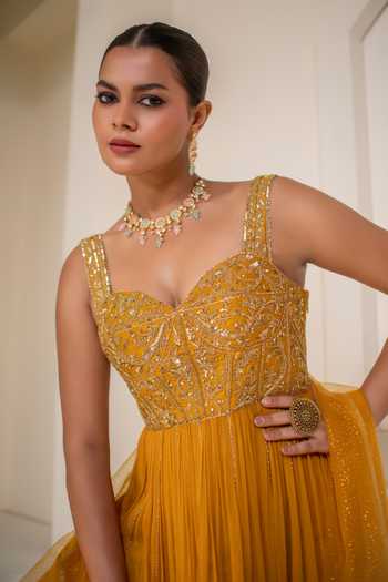 Shop Rasasvada Yellow Silk, Georgette, Dupion Sweetheart Neck Sequin Yoke Embellished Anarkali Online at Aza Fashions Shop_Rasasvada_Yellow Silk, Georgette, Dupion Sweetheart Neck Sequin Yoke Embellished Anarkali _Online_at_Aza_Fashions