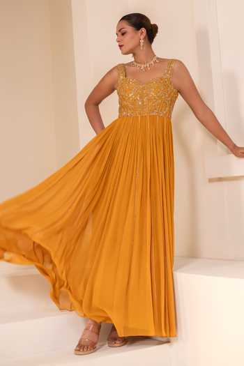 Rasasvada Yellow Silk, Georgette, Dupion Sweetheart Neck Sequin Yoke Embellished Anarkali at Aza Fashions Rasasvada_Yellow Silk, Georgette, Dupion Sweetheart Neck Sequin Yoke Embellished Anarkali _at_Aza_Fashions