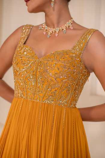 Buy Rasasvada Yellow Silk, Georgette, Dupion Sweetheart Neck Sequin Yoke Embellished Anarkali Buy_Rasasvada_Yellow Silk, Georgette, Dupion Sweetheart Neck Sequin Yoke Embellished Anarkali