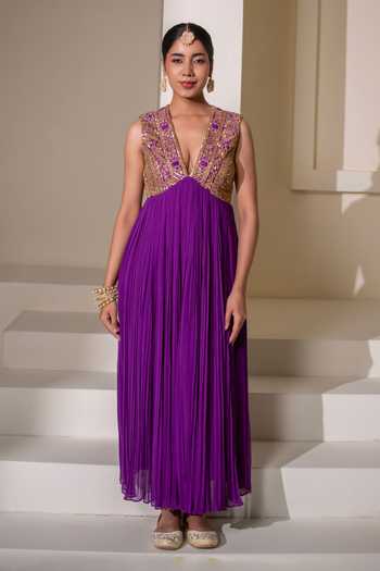 Rasasvada Purple Silk, Georgette, Dupion Plunge Neck Yoke Embellished Anarkali Online at Aza Fashions Rasasvada_Purple Silk, Georgette, Dupion Plunge Neck Yoke Embellished Anarkali _Online_at_Aza_Fashions