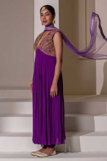 Buy Rasasvada Purple Silk, Georgette, Dupion Plunge Neck Yoke Embellished Anarkali Online at Aza Fashions Buy_Rasasvada_Purple Silk, Georgette, Dupion Plunge Neck Yoke Embellished Anarkali _Online_at_Aza_Fashions