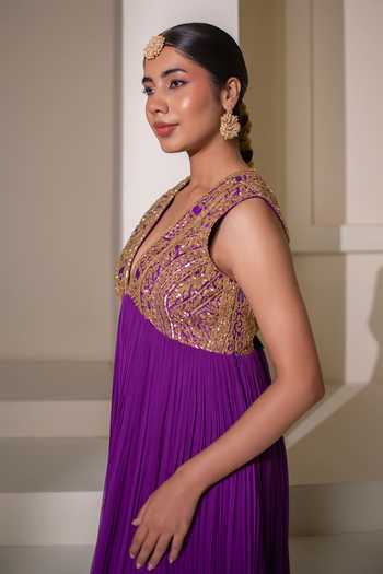 Shop Rasasvada Purple Silk, Georgette, Dupion Plunge Neck Yoke Embellished Anarkali Online at Aza Fashions Shop_Rasasvada_Purple Silk, Georgette, Dupion Plunge Neck Yoke Embellished Anarkali _Online_at_Aza_Fashions