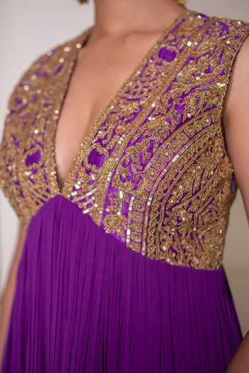 Rasasvada Purple Silk, Georgette, Dupion Plunge Neck Yoke Embellished Anarkali at Aza Fashions Rasasvada_Purple Silk, Georgette, Dupion Plunge Neck Yoke Embellished Anarkali _at_Aza_Fashions