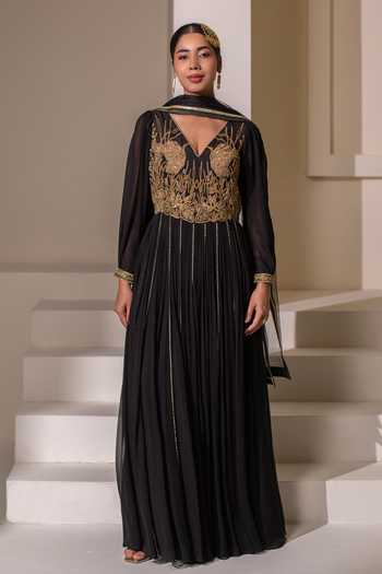 Rasasvada Black Silk, Georgette, Dupion V-neck Placement Embellished Anarkali Online at Aza Fashions Rasasvada_Black Silk, Georgette, Dupion V-neck Placement Embellished Anarkali _Online_at_Aza_Fashions